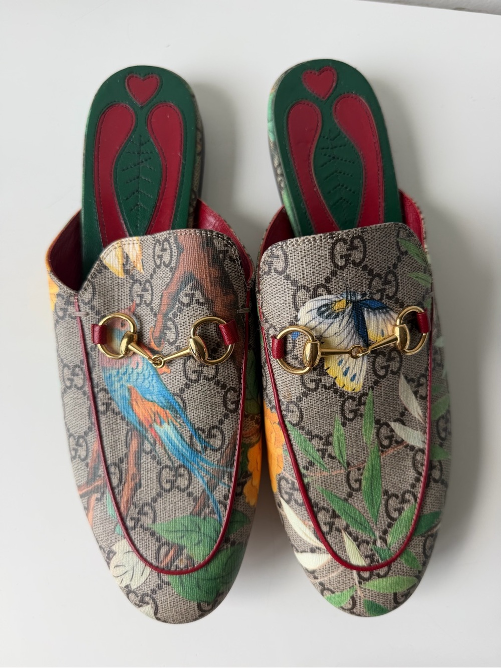 Pre-Loved Gucci GG Canvas Floral Bird Horsebit Mules Slip On
